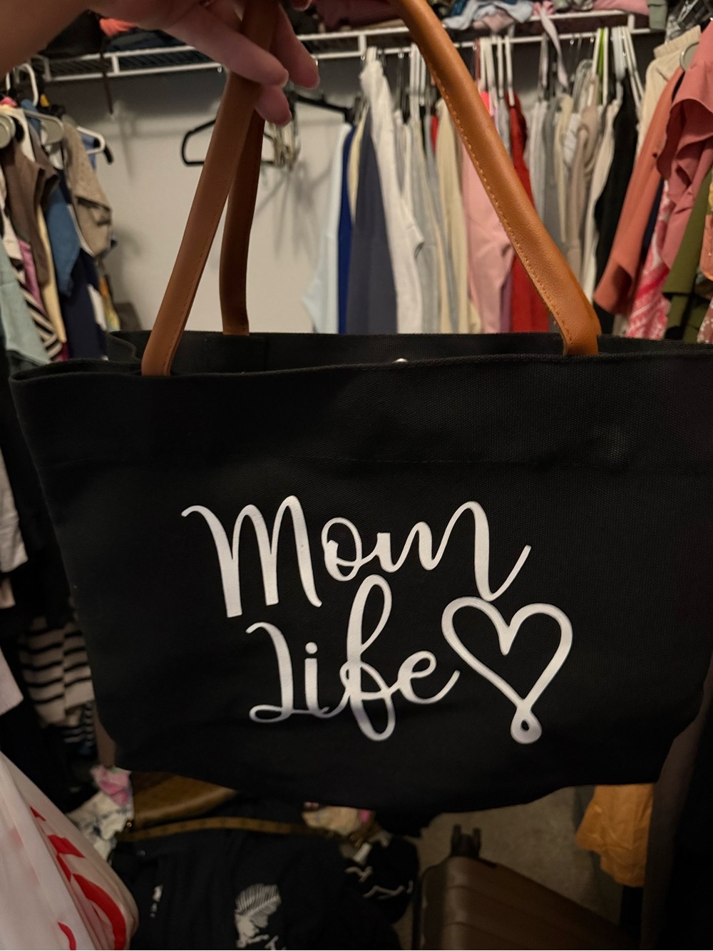 Mom Life Black Tote Bag with Tan Handles